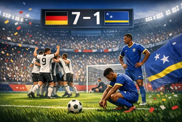 Germany players celebrating a goal against Curaçao during their 2026 FIFA World Cup Group E match at Houston Stadium
