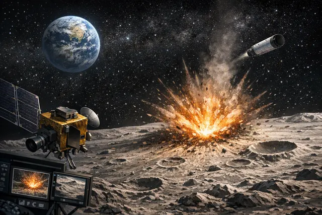Before-and-after comparison of the lunar surface near Einstein Crater showing the fresh impact scar from the SpaceX Falcon 9 upper stage crash on August 5, 2026, captured by South