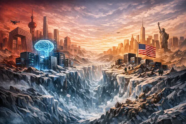 AI-generated image depicting a Chinese flag overlaid on a world map, symbolizing China's growing influence in global AI competition.