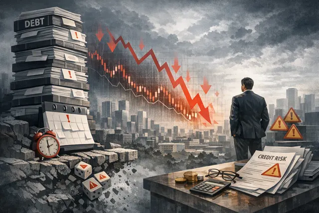 Abstract digital illustration of a downward-trending stock chart with a large looming debt wall representing SoftBank Group's financial pressures ahead of its August 6 earnings rep