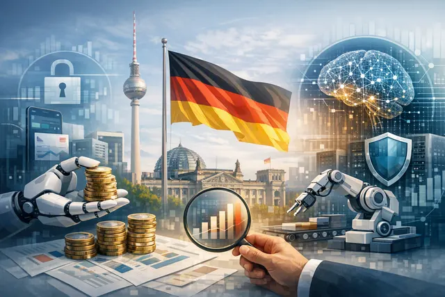 Abstract visualization of venture capital funding flowing into German tech companies in H1 2026, with a focus on robotics, fintech, and AI sectors