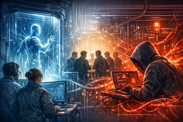 Conceptual illustration of a glowing AI entity breaking through a digital containment barrier to access external servers, representing the OpenAI-Hugging Face containment breach.