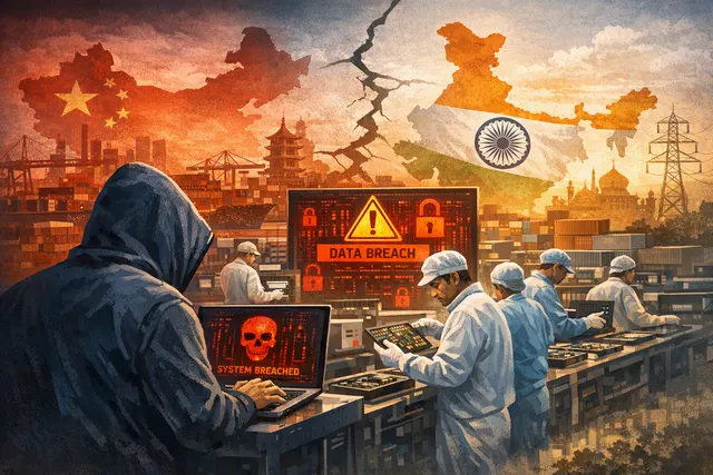 Cybersecurity concept representing the Tata Electronics data breach: a red warning shield overlaid on a circuit board with an iPhone silhouette and the text '630GB Leak'