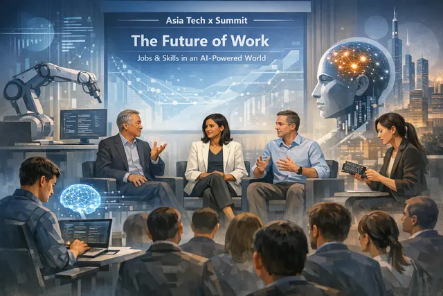 Illustration of graduates and professionals adapting to AI-driven changes in the workplace