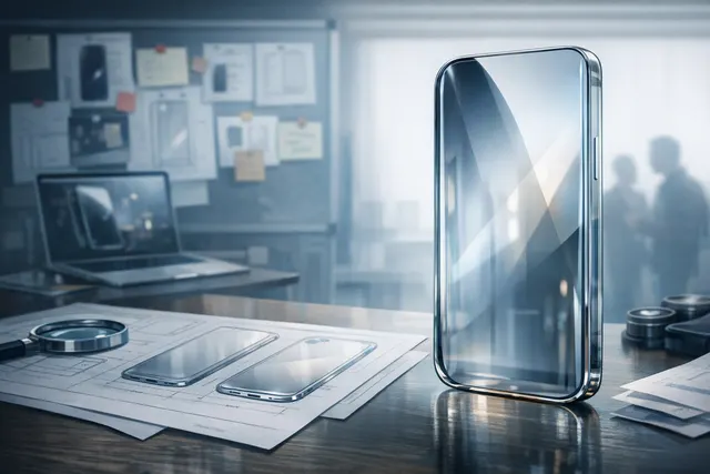 A futuristic, translucent iPhone concept with glass curves and reflective surfaces, representing Apple's rumored glass-centric 20th anniversary redesign.