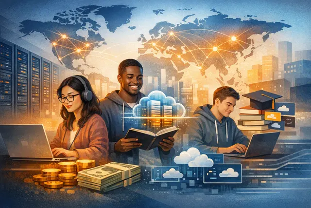 Editorial illustration of university students building cloud and AI projects with AWS Student Rewards