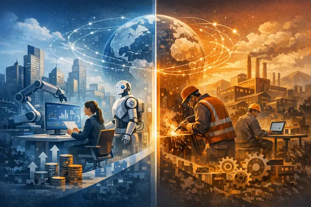 A visual representation of AI splitting the global labor market into two distinct career paths, one heading toward high-growth expert roles and the other toward slower-growth democ