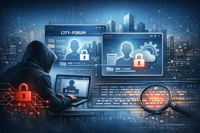 Illustration of a hooded figure extracting data from a glowing Salesforce and ServiceNow portal interface, representing the City-Forum campaign exploiting guest user access.