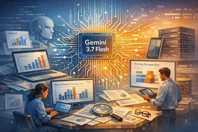 A conceptual image representing the Gemini 3.7 Flash AI model launch, showing a glowing brain or neural network structure with a Google-themed color palette.