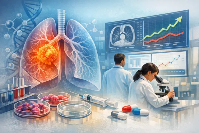 Editorial illustration of AstraZeneca lung-cancer trial results, showing targeted therapies and clinical research