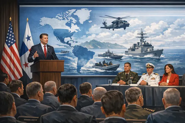 U.S. Defense Secretary Pete Hegseth addresses the Americas Counter-Cartel Coalition (ACCC) forum in Panama on August 13, 2026.