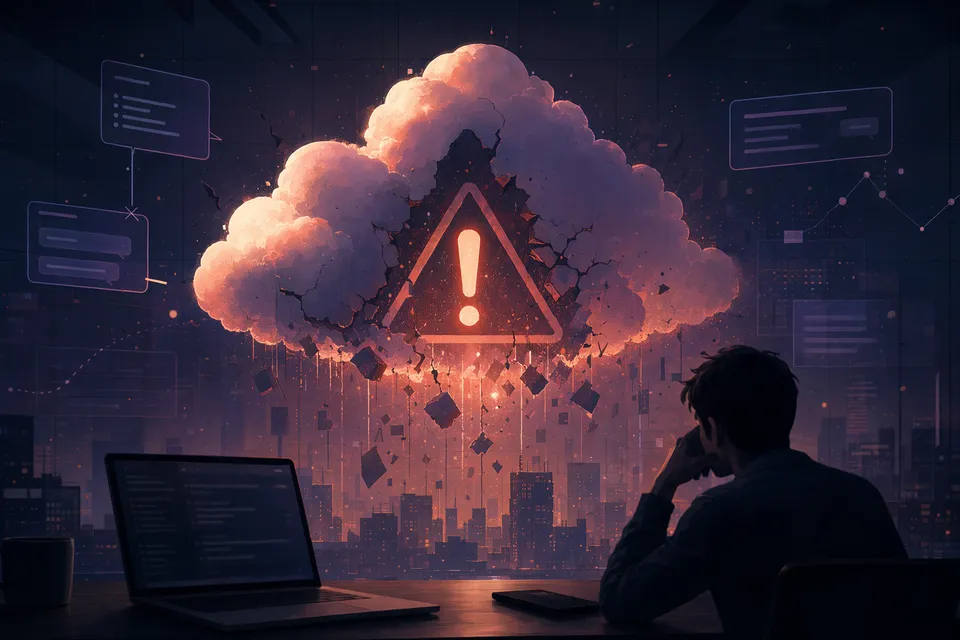 Abstract editorial illustration of Claude service outage alerts across web, API, and developer tools