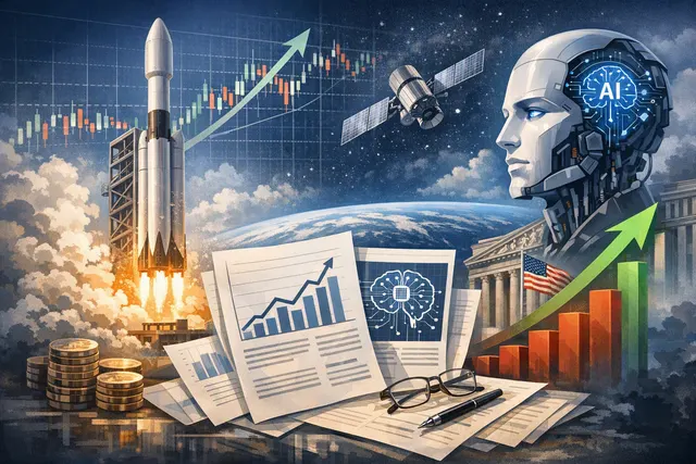 SpaceX logo with financial charts and AI data center visuals representing Q2 2026 earnings
