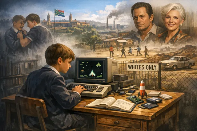 A young Elon Musk's journey from a solitary childhood in South Africa to the founding of pivotal tech companies is illustrated in a dramatic, editorial-style composition.