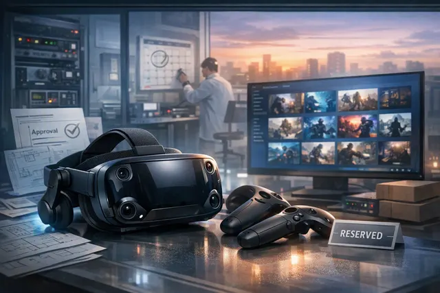 Editorial illustration of Valve’s Steam Frame VR headset surrounded by virtual reality game imagery