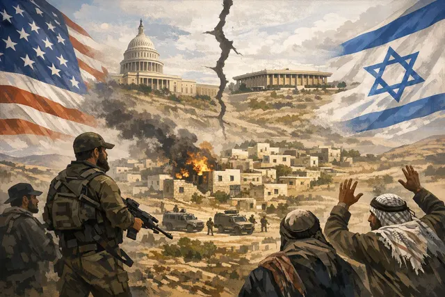 Israeli soldiers stand guard next to settlers in front of Palestinian homes that settlers have blockaded in the West Bank village of Qusra, August 2026.