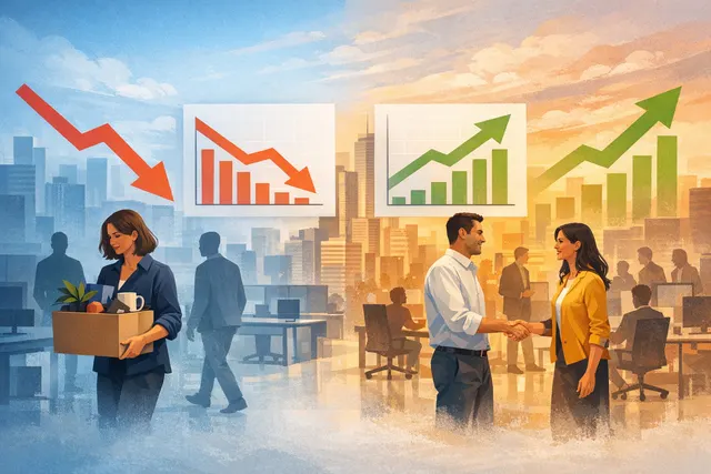 An abstract illustration showing diverging paths: one path with a 'layoffs' sign leading to AI infrastructure and another with a 'hiring' sign also leading to AI infrastructure, re