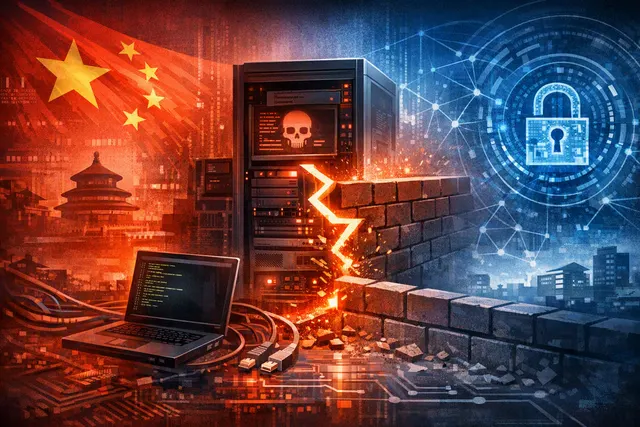Editorial illustration of a VMware vCenter cyberattack involving CVE-2026-59310, reverse SSH persistence and global infrastructure