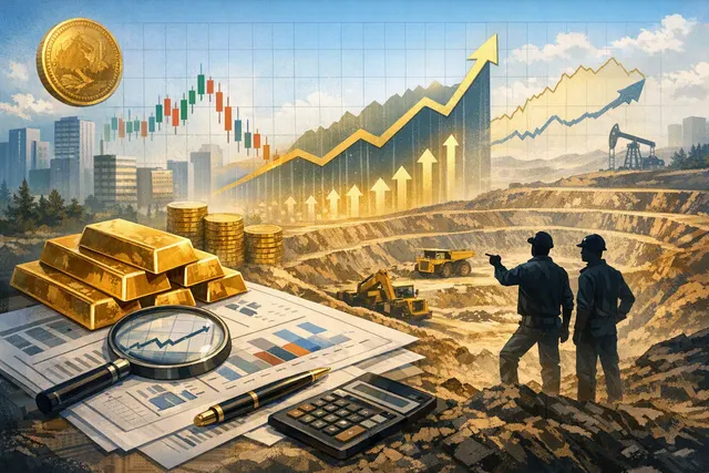 Gold bullion bars and gold mining stock chart with P/E compression data overlay representing the Q2 2026 gold mining paradox