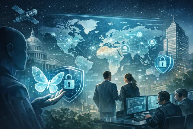 Digital illustration of a glasswing butterfly with circuit-like transparent wings, symbolizing AI-powered vulnerability discovery in cybersecurity