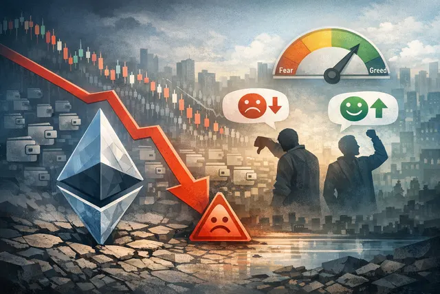 Abstract data visualization showing Ethereum sentiment indicators crashing to extreme fear levels in 2026.