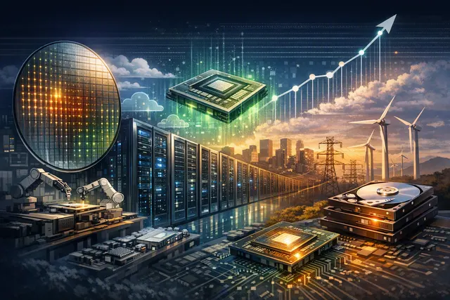 Data center infrastructure with multiple server racks and cooling systems representing AI buildout