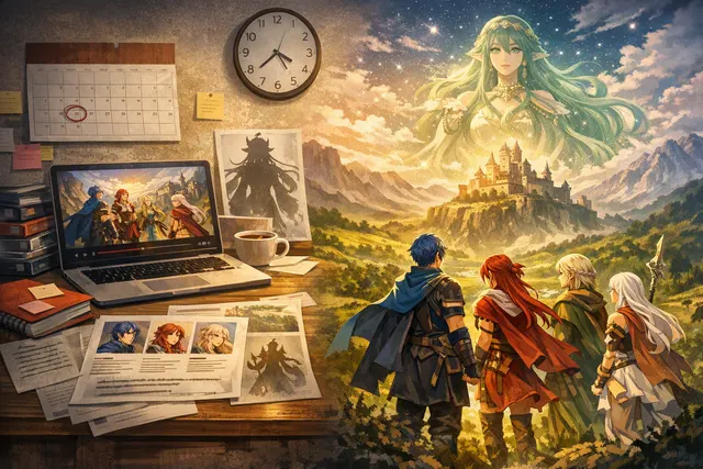 A dramatic composite scene featuring four silhouetted Fire Emblem heroes standing before an arena, with the goddess Sothis glowing in the background, representing the Heroic Games