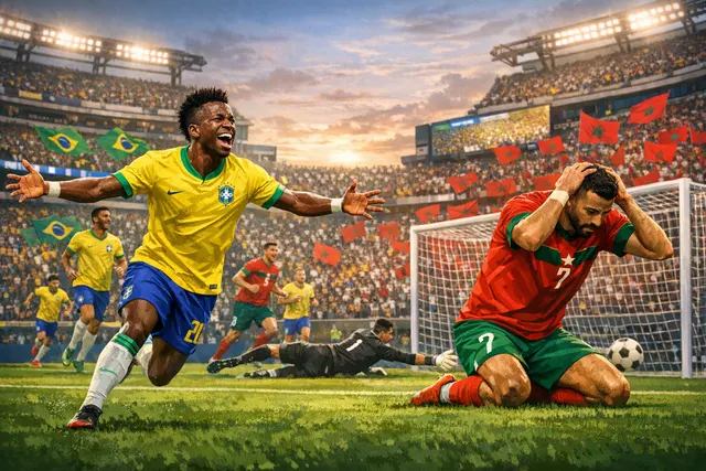 Ismael Saibari celebrates his opening goal for Morocco against Brazil at the 2026 FIFA World Cup at MetLife Stadium.