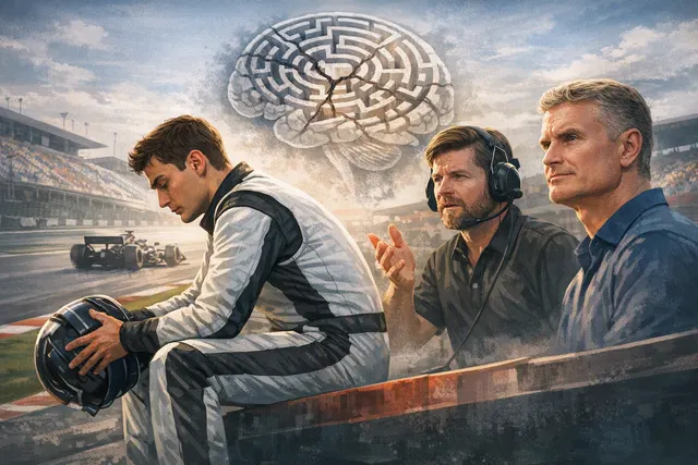 Editorial illustration of George Russell and Kimi Antonelli in Mercedes F1 cars for the 2026 season
