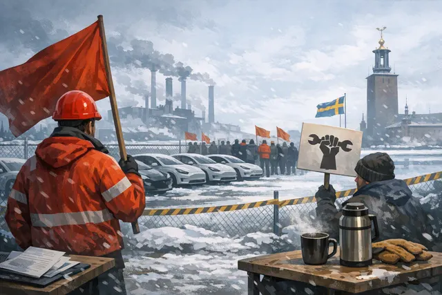 Editorial illustration representing the end of the IF Metall strike against Tesla in Sweden, showing a Tesla logo and union symbols