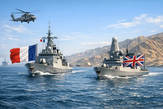 Aerial view of a naval task force moving through the Strait of Hormuz, with destroyers and an aircraft carrier in formation.