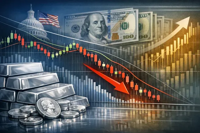 Silver bars and coins with a price chart overlay showing a pullback from $66 to below $64 per ounce