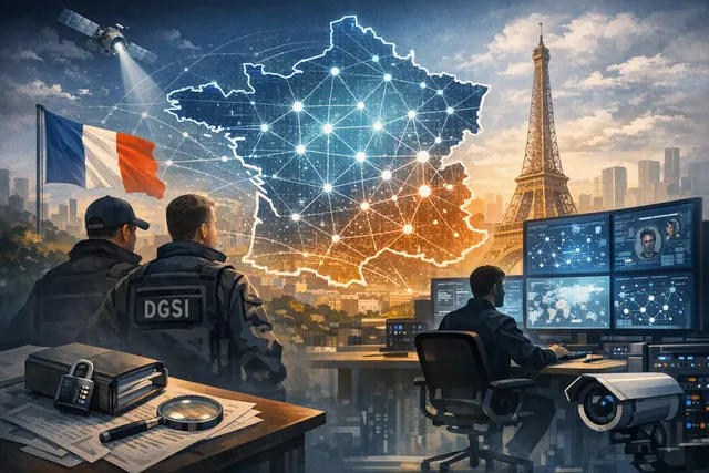 Abstract representation of French digital sovereignty and data analytics replacing US technology.