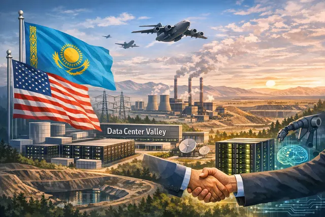 Digital rendering of a futuristic data center complex in a desert landscape with glowing blue server racks