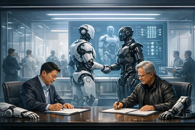 Illustration representing the LG and Nvidia partnership on humanoid robots, AI factories, and autonomous vehicle technology
