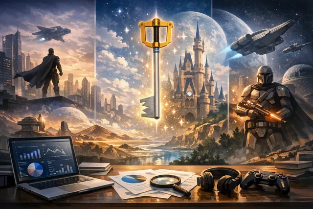 Abstract glowing keyblade silhouette surrounded by Disney and Square Enix franchise icons, representing Kingdom Hearts as a billion-dollar gaming franchise alongside Marvel and Sta