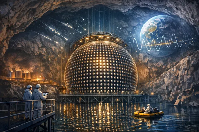 Artist's impression of the JUNO neutrino detector, with a large transparent sphere of liquid scintillator surrounded by photomultiplier tubes deep underground, and neutrino interac