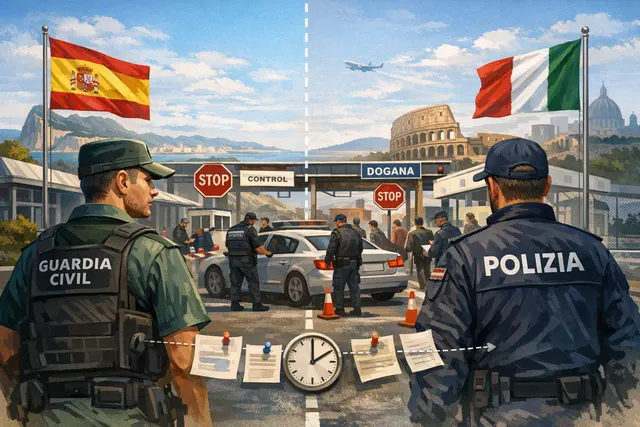 An AI-generated editorial illustration showing a map of Europe with the Schengen zone highlighted and arrows indicating border controls between Spain and Italy, symbolizing the dip