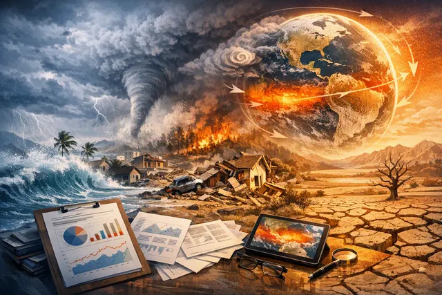 A dramatic weather illustration showing a storm over the Pacific Ocean, representing the Super El Niño event expected to intensify in 2026.