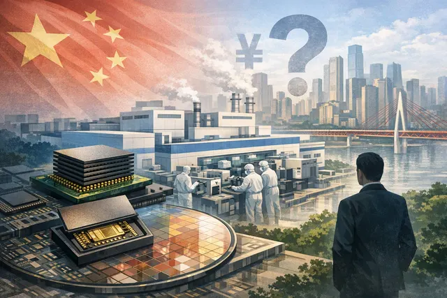 AI-generated illustration of a semiconductor packaging plant exterior with SK Hynix branding and chip manufacturing elements in Chongqing, China