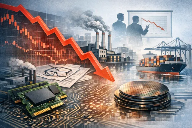 A conceptual illustration of declining DRAM price growth with stock charts and chip supply chain visuals