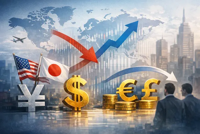 Abstract digital visualization of yen, Swiss franc, and euro currency symbols connected by flowing lines representing capital flows and carry trade rotation.