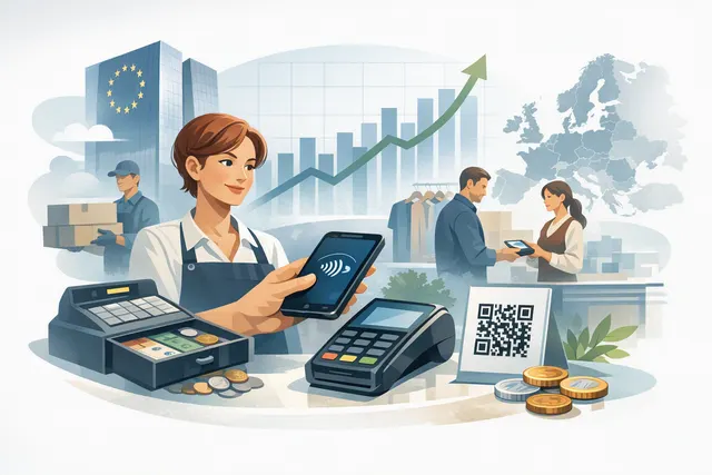 Euro coins and banknotes alongside a smartphone displaying a mobile payment interface, illustrating the shift between cash and digital payments.