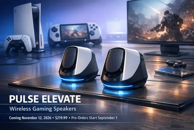 Conceptual editorial illustration of Sony PlayStation PULSE Elevate wireless desktop gaming speakers