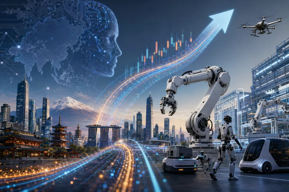 Concept illustration of humanoid robots and industrial automation representing the physical AI boom in Asian robotics markets