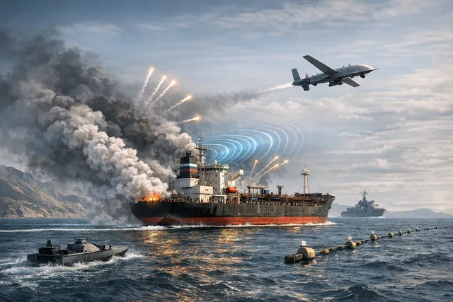 A conceptual rendering of an oil tanker in the Black Sea under attack by drones, representing Russia's shadow fleet and Ukraine's escalating maritime campaign.