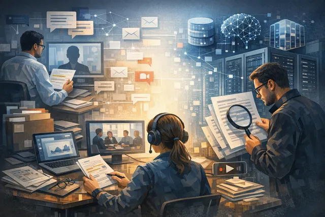 Abstract digital visualization of data streams flowing from Slack messages, emails, and video recordings into an AI training pipeline, representing the corporate data acquisition m