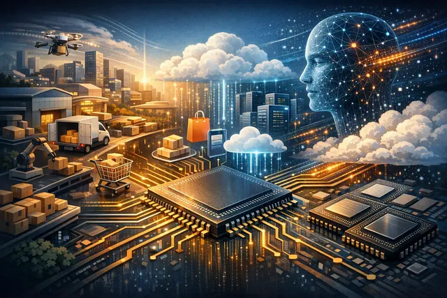 Editorial illustration of Alibaba connecting AI models, cloud computing, chips, and e-commerce