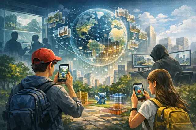 A surreal digital illustration of Pokémon Go players scanning a vibrant city street with smartphones, while a transparent overlay of a military drone and digital grid map looms in