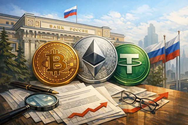 Bank of Russia building and Bitcoin, Ethereum, and USDT logos representing the central bank's crypto regulation draft directive